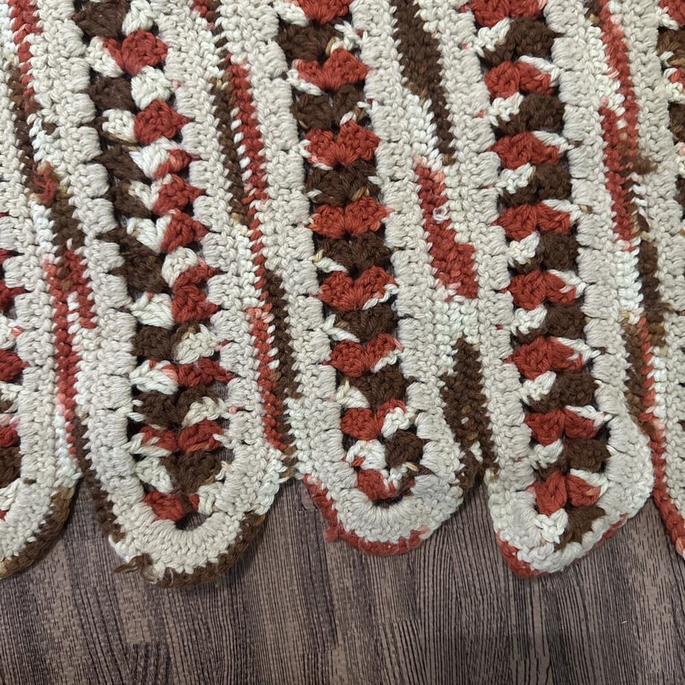 Vintage Crochet Blanket Brown Brick Tan Scalloped Handmade 62 x 48" Twin Cottage